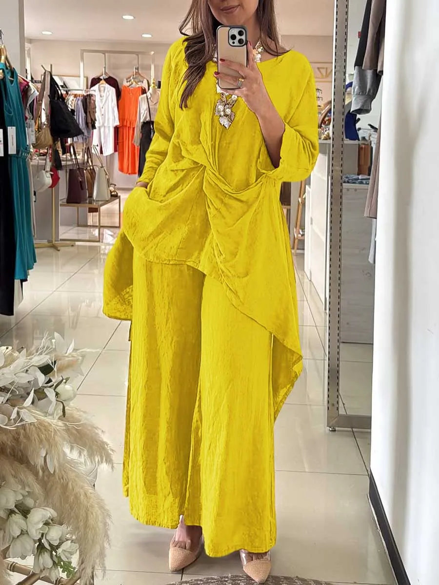 Women's Round Neck Twisted 3/4 Sleeves Casual Linen Two-Piece Suit