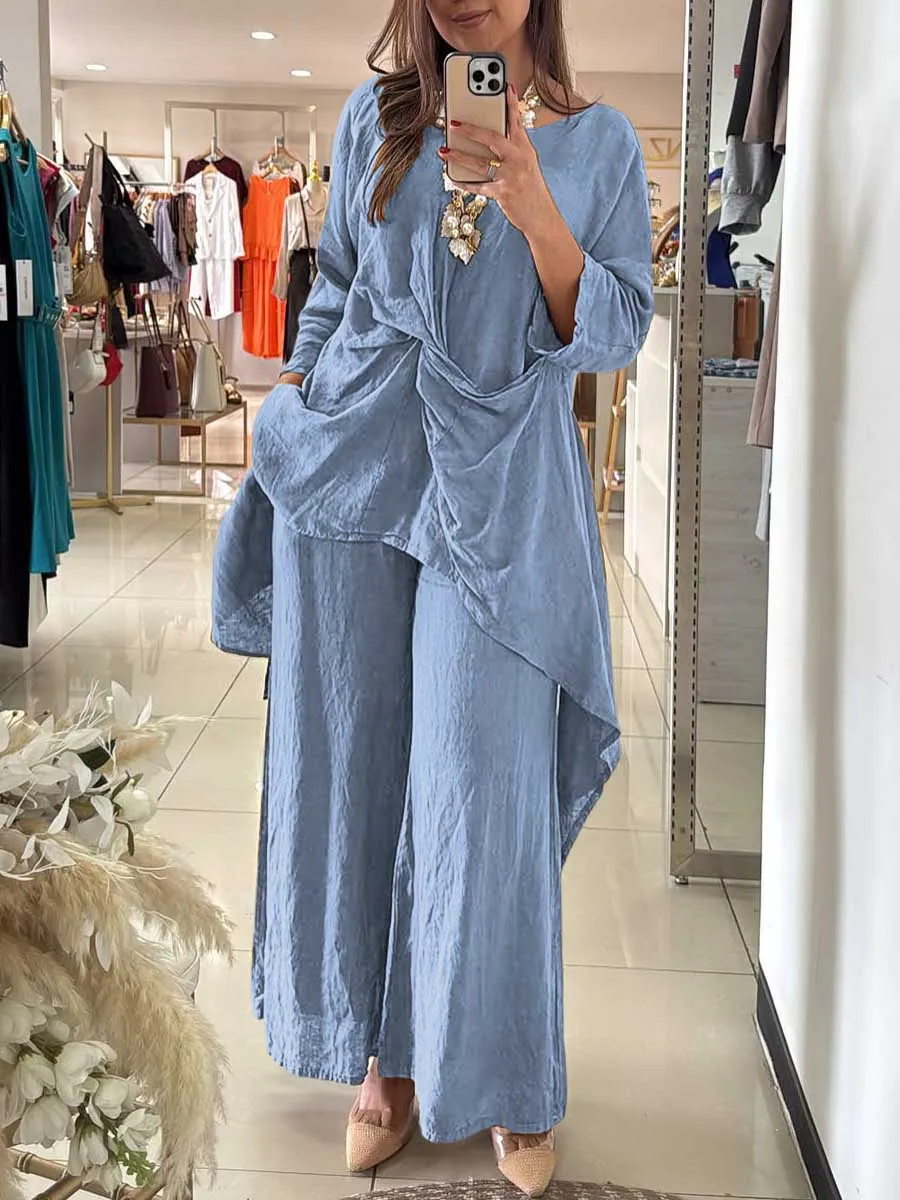 Women's Round Neck Twisted 3/4 Sleeves Casual Linen Two-Piece Suit