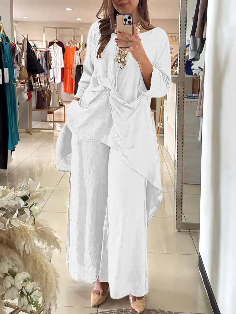 Women's Round Neck Twisted 3/4 Sleeves Casual Linen Two-Piece Suit