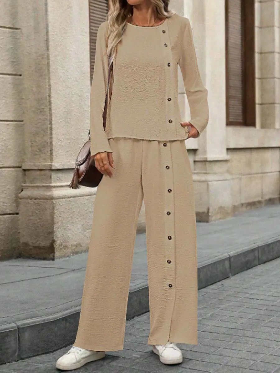 Women's Solid Color Round Neck Long Sleeve Button Casual Linen Two-piece Suit