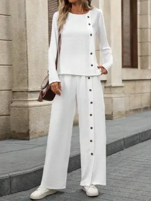 Women's Solid Color Round Neck Long Sleeve Button Casual Linen Two-piece Suit