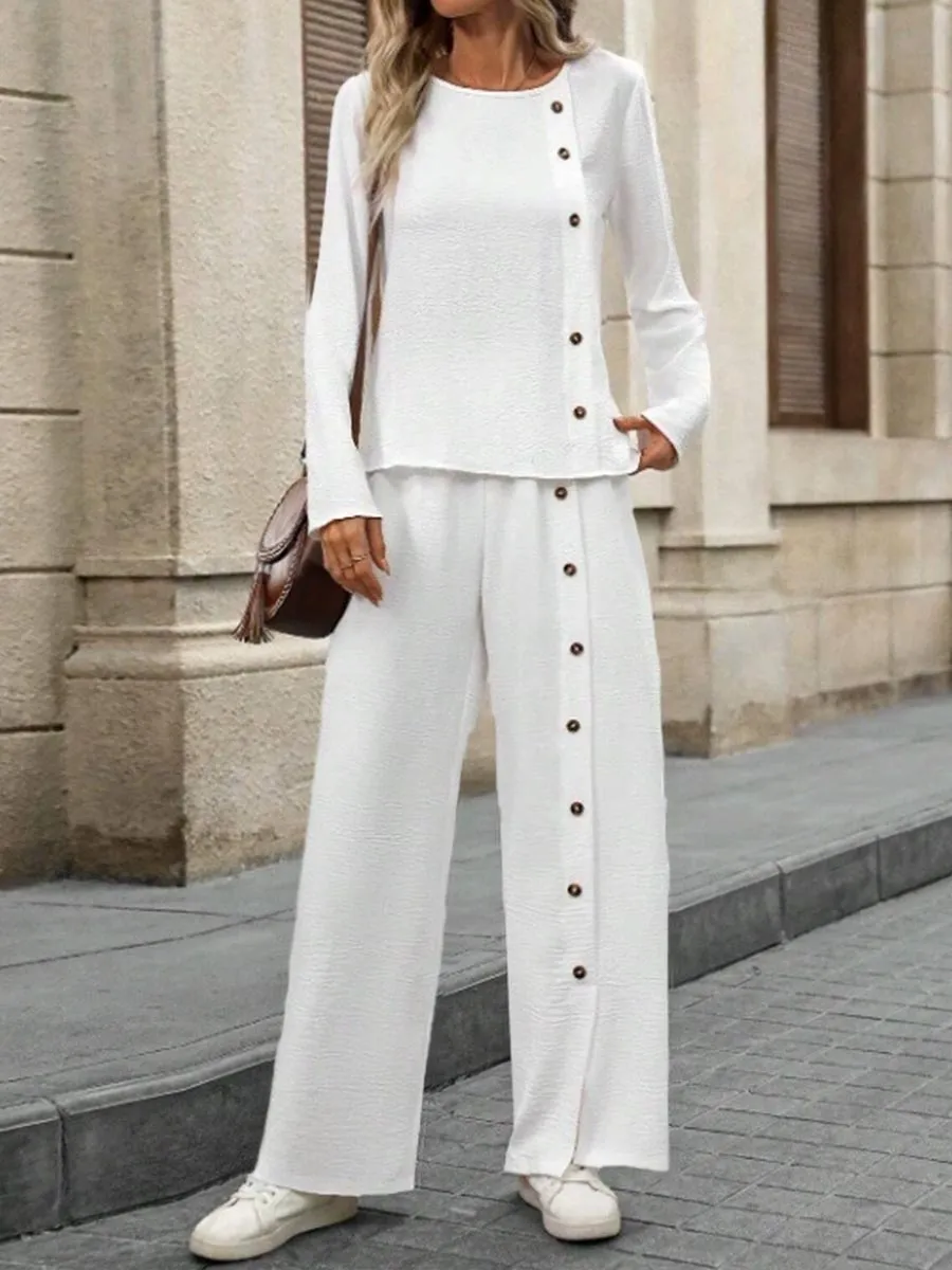 Women's Solid Color Round Neck Long Sleeve Button Casual Linen Two-piece Suit