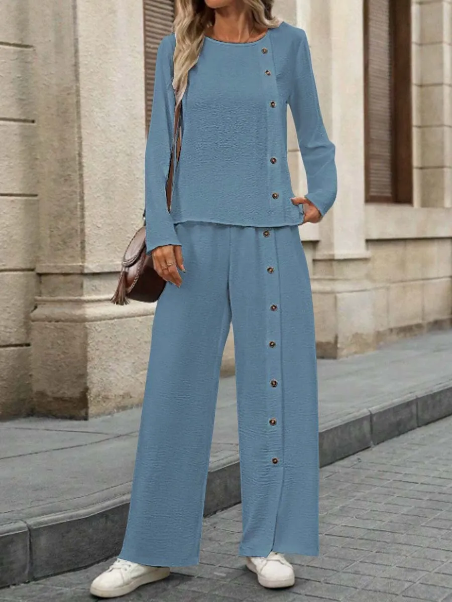 Women's Solid Color Round Neck Long Sleeve Button Casual Linen Two-piece Suit