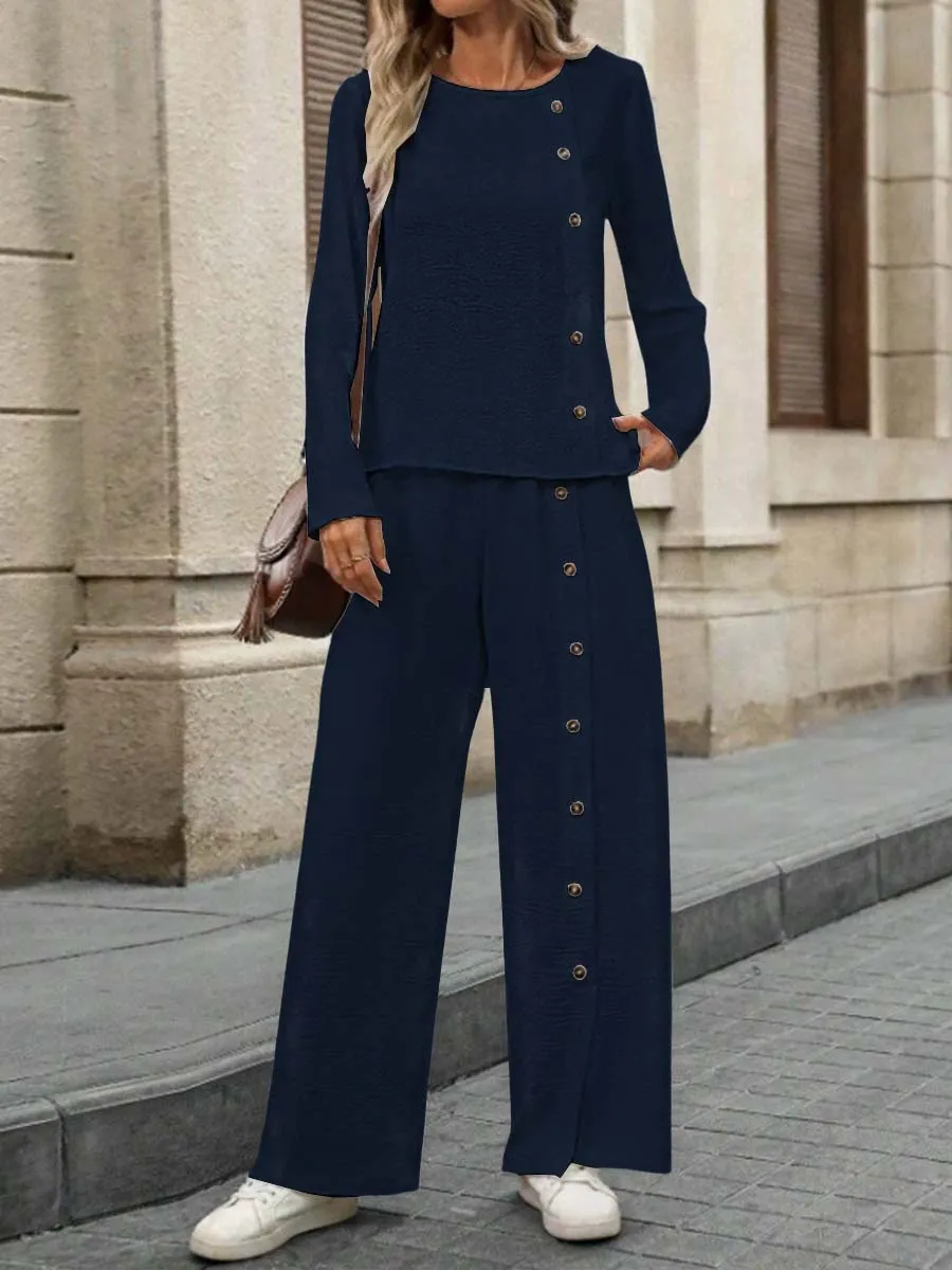 Women's Solid Color Round Neck Long Sleeve Button Casual Linen Two-piece Suit