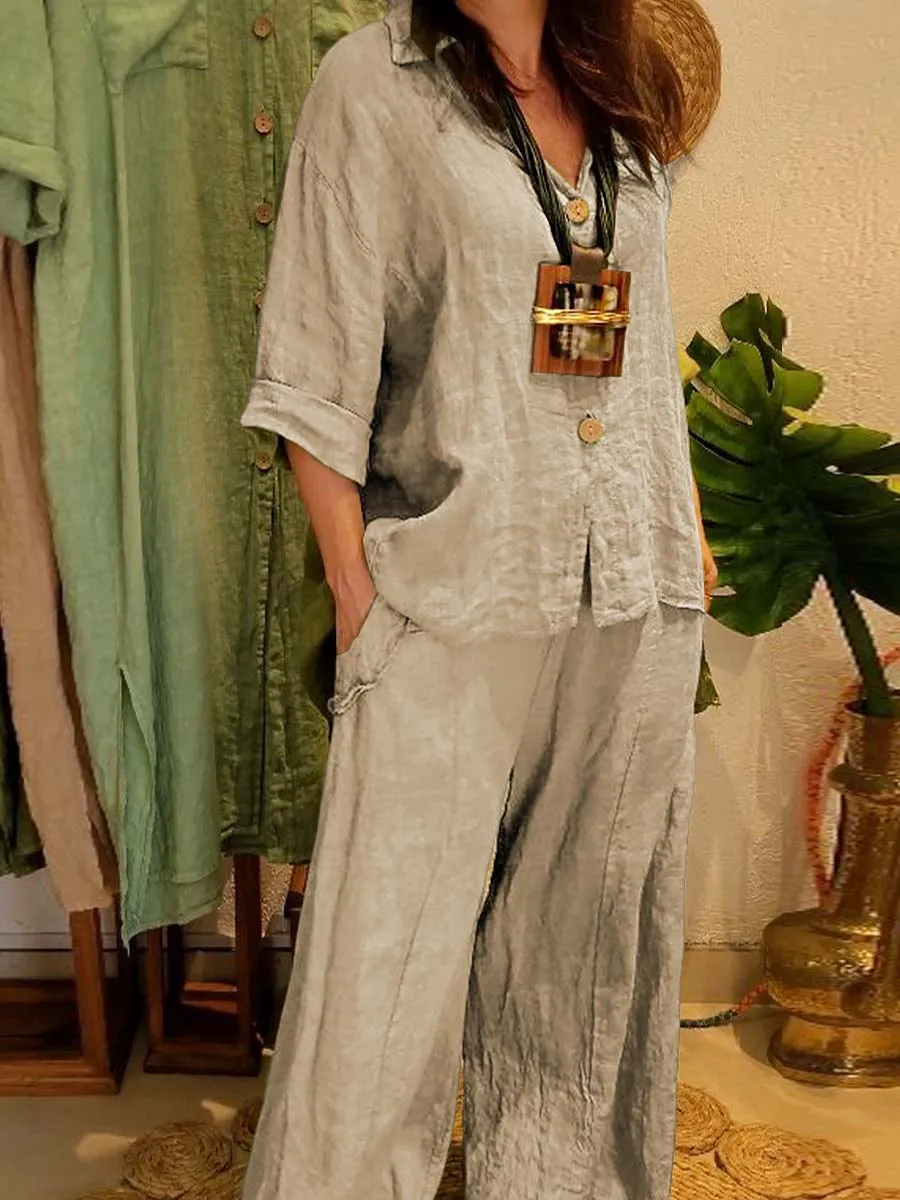 Women's Solid Color Shirt Collar 3/4 Sleeves Single Breasted Shirt Casual Linen Wide Leg Pants Two-Piece Set