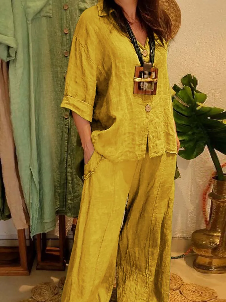 Women's Solid Color Shirt Collar 3/4 Sleeves Single Breasted Shirt Casual Linen Wide Leg Pants Two-Piece Set