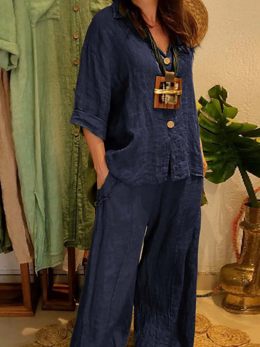 Women's Solid Color Shirt Collar 3/4 Sleeves Single Breasted Shirt Casual Linen Wide Leg Pants Two-Piece Set