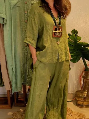 Women's Solid Color Shirt Collar 3/4 Sleeves Single Breasted Shirt Casual Linen Wide Leg Pants Two-Piece Set