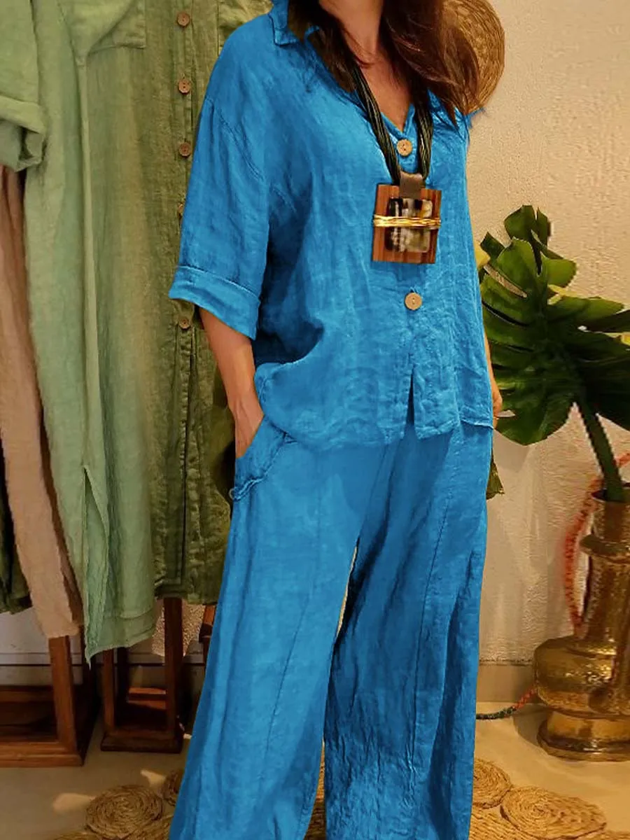Women's Solid Color Shirt Collar 3/4 Sleeves Single Breasted Shirt Casual Linen Wide Leg Pants Two-Piece Set