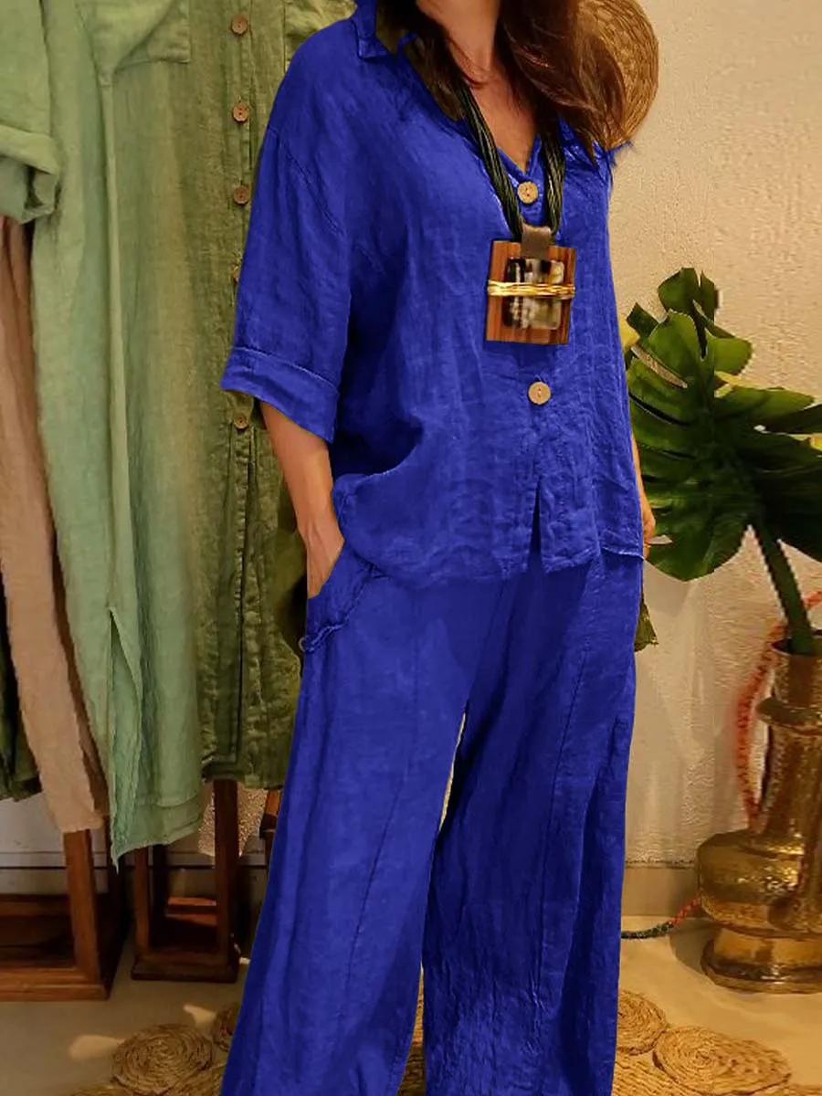Women's Solid Color Shirt Collar 3/4 Sleeves Single Breasted Shirt Casual Linen Wide Leg Pants Two-Piece Set
