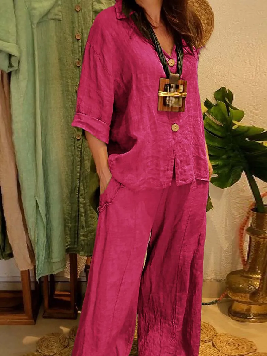 Women's Solid Color Shirt Collar 3/4 Sleeves Single Breasted Shirt Casual Linen Wide Leg Pants Two-Piece Set