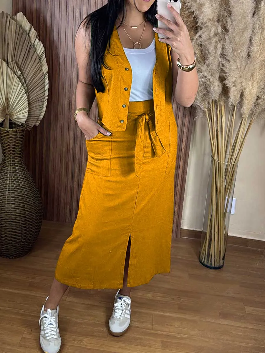 Women's Solid Color Single Breasted Vest Casual Linen Pocket Slit Skirt Two-Piece Set