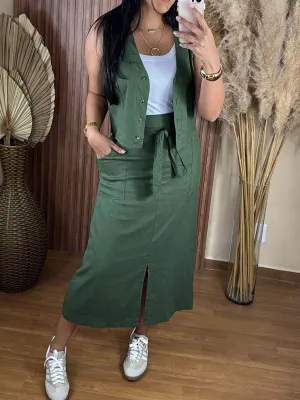 Women's Solid Color Single Breasted Vest Casual Linen Pocket Slit Skirt Two-Piece Set