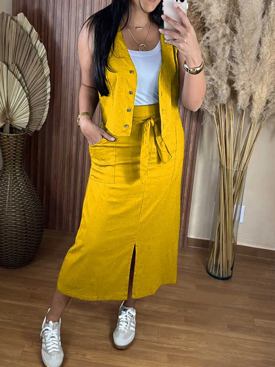 Women's Solid Color Single Breasted Vest Casual Linen Pocket Slit Skirt Two-Piece Set