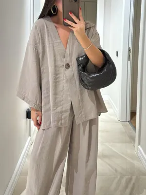 Women's Solid Color V-Neck Cardigan Top High Waist Casual Linen Wide Leg Pants Set