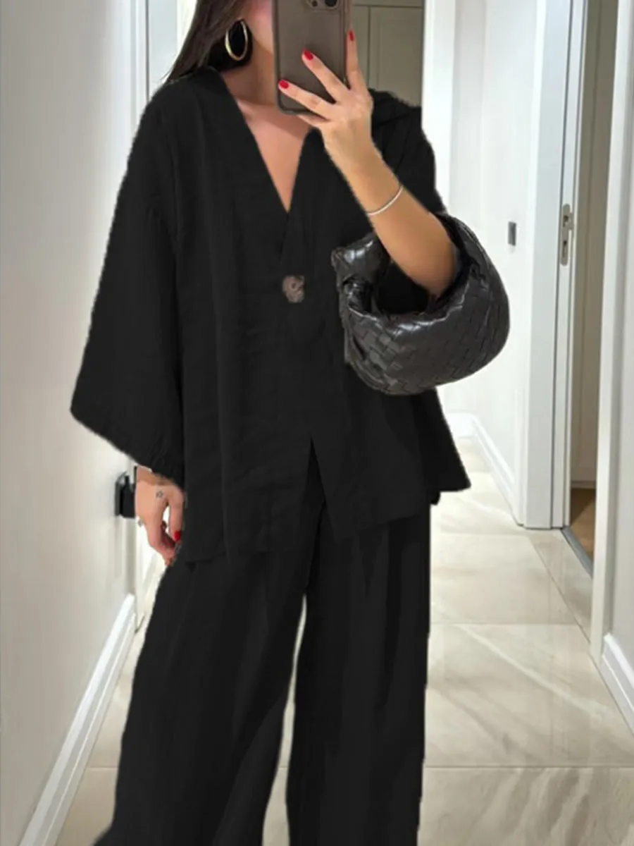Women's Solid Color V-Neck Cardigan Top High Waist Casual Linen Wide Leg Pants Set