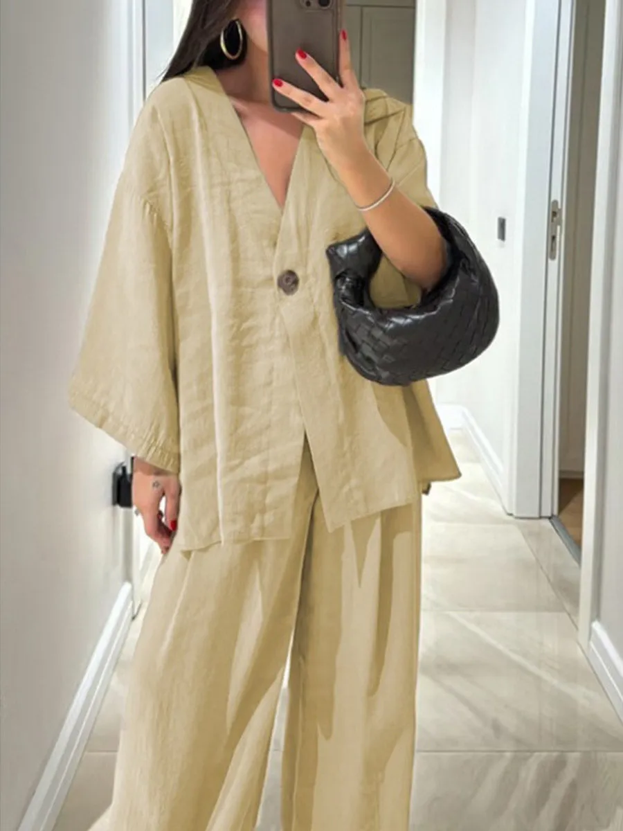 Women's Solid Color V-Neck Cardigan Top High Waist Casual Linen Wide Leg Pants Set