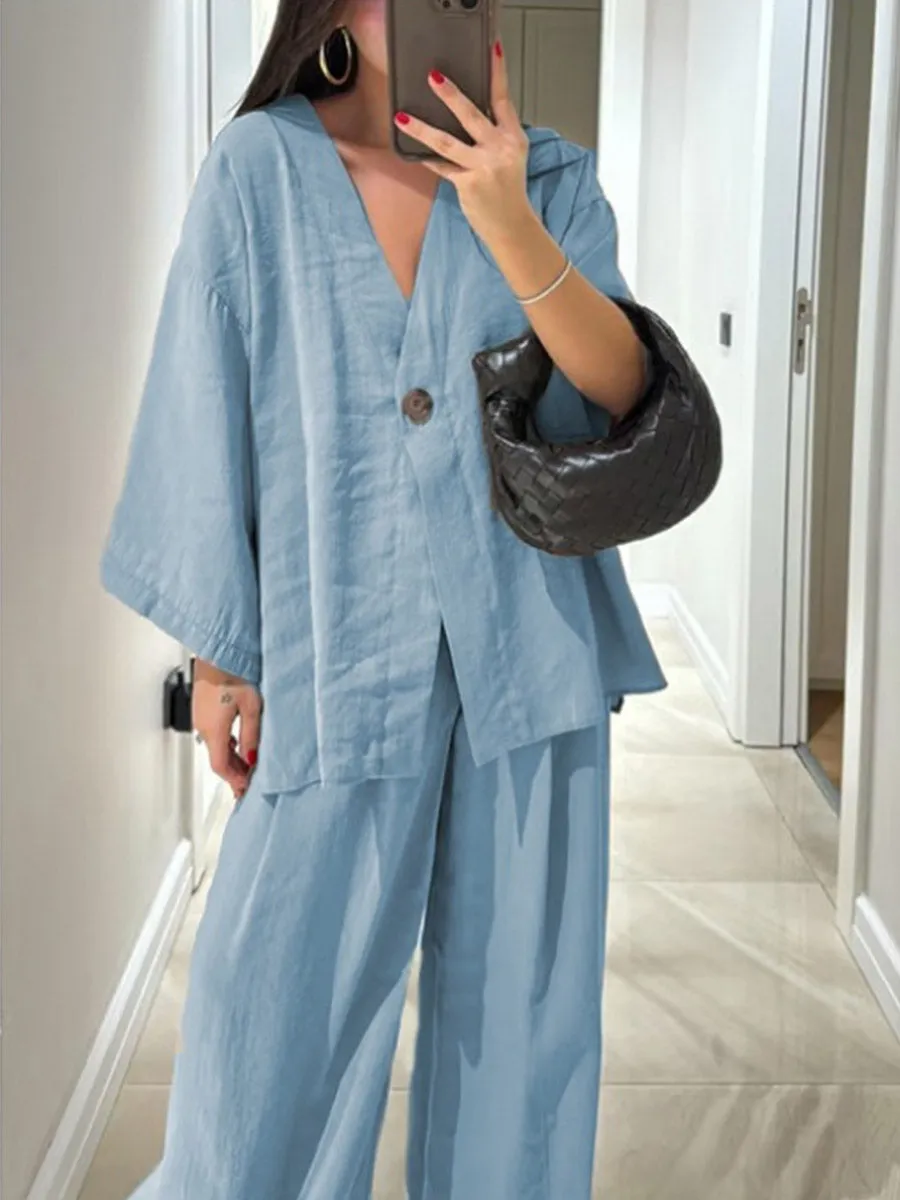 Women's Solid Color V-Neck Cardigan Top High Waist Casual Linen Wide Leg Pants Set