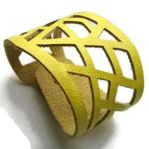 Yellow Barcelona Leather Cuff. Reclaimed Leather bracelet. Handcut in a Laser cutting style...