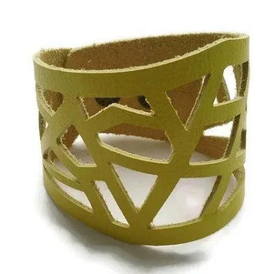 Yellow Barcelona Leather Cuff. Reclaimed Leather bracelet. Handcut in a Laser cutting style...