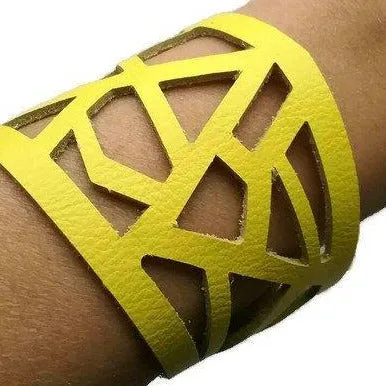 Yellow Barcelona Leather Cuff. Reclaimed Leather bracelet. Handcut in a Laser cutting style...