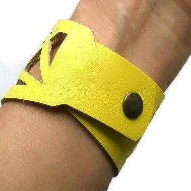 Yellow Barcelona Leather Cuff. Reclaimed Leather bracelet. Handcut in a Laser cutting style...